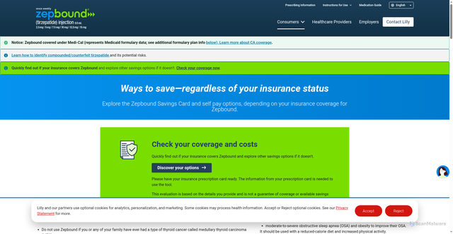 Security scan screenshot of https://zepbound.lilly.com/coverage-savings