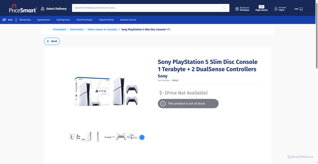 Security scan screenshot of https://www.pricesmart.com/en-vi/product/sony-playstation-5-slim-disc-console-1-terabyte-2-dualsense-controllers-506422/506422