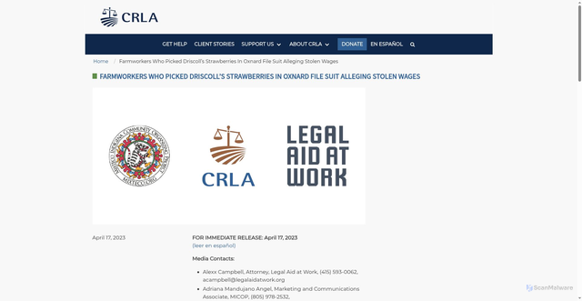 Security scan screenshot of https://crla.org/articles/farmworkers-who-picked-driscolls-strawberries-oxnard-file-suit-alleging-stolen-wages