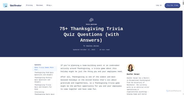 Security scan screenshot of https://www.quizbreaker.com/thanksgiving-quiz