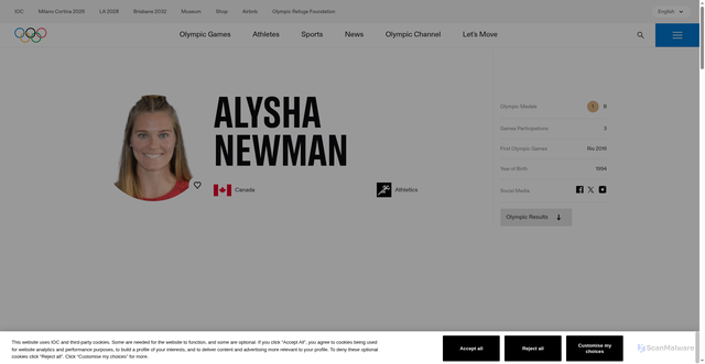 Security scan screenshot of https://www.olympics.com/en/athletes/alysha-newman