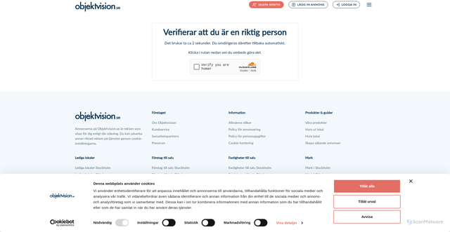 Security scan screenshot of https://objektvision.se/clearance?returnUrl=%2FBeskriv%2F258041049