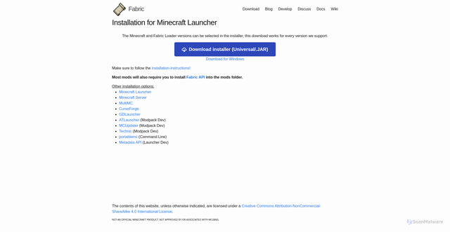 Security scan screenshot of https://fabricmc.net/use/installer/