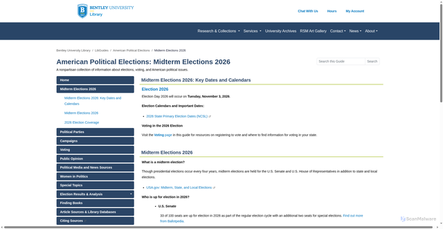 Security scan screenshot of https://libguides.bentley.edu/elections/2026