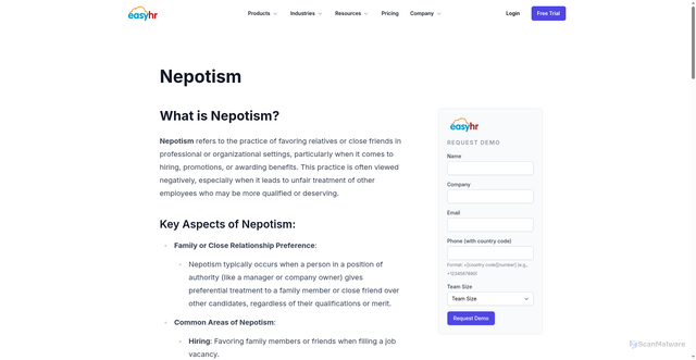 Security scan screenshot of https://www.easyhrworld.com/hr-glossary/nepotism