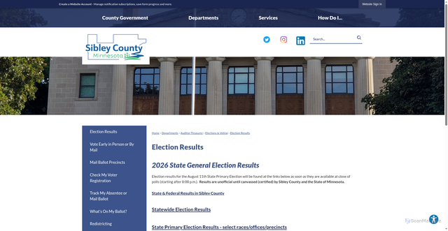 Security scan screenshot of https://sibleycounty.gov/595/Election-Results
