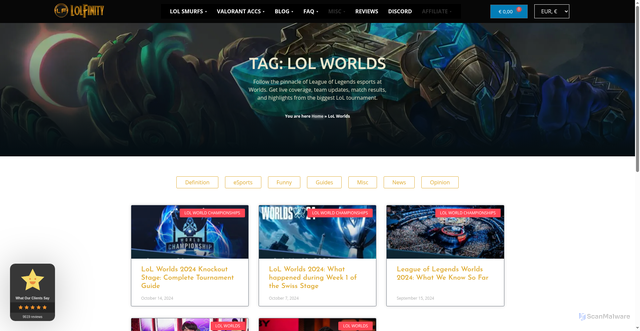 Security scan screenshot of https://lolfinity.com/tag/lol-worlds/?srsltid=AfmBOopONsg5cp2cFOT-TA9qqdwUPwp5BTa5Uwx_q6OELjNRui-OiU98