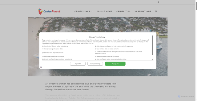Security scan screenshot of https://cruiseparrot.com/woman-survives-cruise-ship-overboard-incident-as-rescue-details-emerge/
