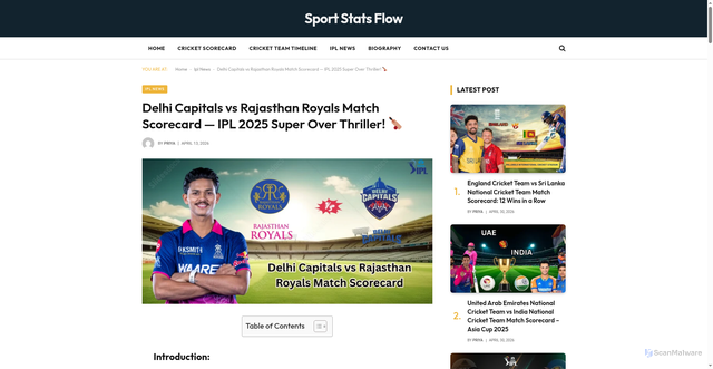 Security scan screenshot of https://sportstatsflow.com/delhi-capitals-vs-rajasthan-royals-match-scorecard/