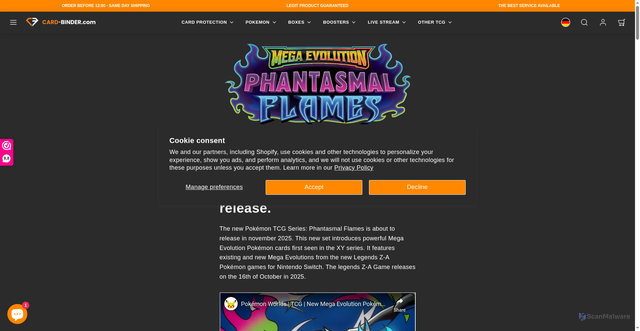 Security scan screenshot of https://card-binder.com/blogs/news/pokemon-tcg-phantasmal-flames-set-what-you-should-know-about-this-upcoming-release