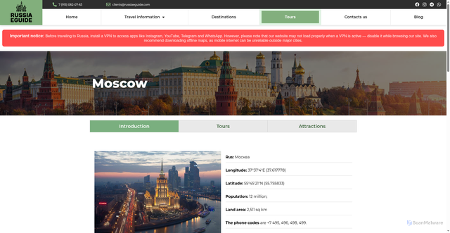Security scan screenshot of https://russiaeguide.com/moscow