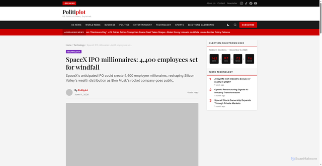 Security scan screenshot of https://politiplot.com/spacex-ipo-millionaires-employee-windfall/
