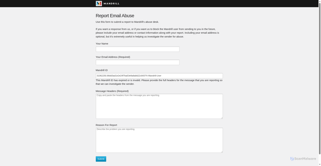 Security scan screenshot of https://mandrillapp.com/contact/abuse?id=31062250.88dd3ad1e2e24f7ba53e9a8a8d22c843?X-Mandrill-User