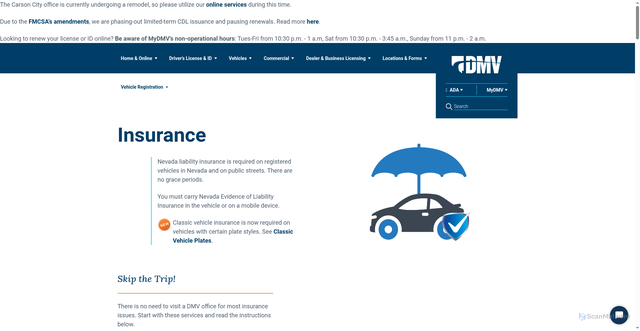 Security scan screenshot of https://dmv.nv.gov/insurance.htm