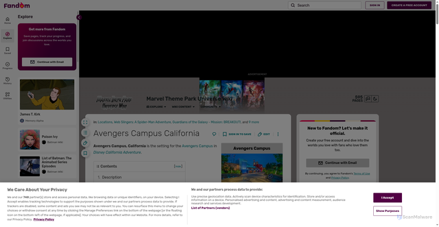 Security scan screenshot of https://marvelthemeparkuniverse.fandom.com/wiki/Avengers_Campus_California