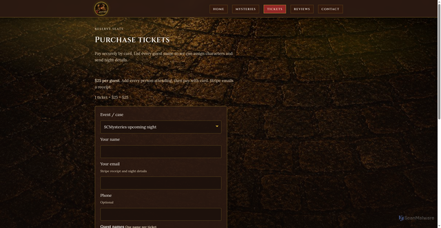 Security scan screenshot of http://scmysteries.org/tickets.html