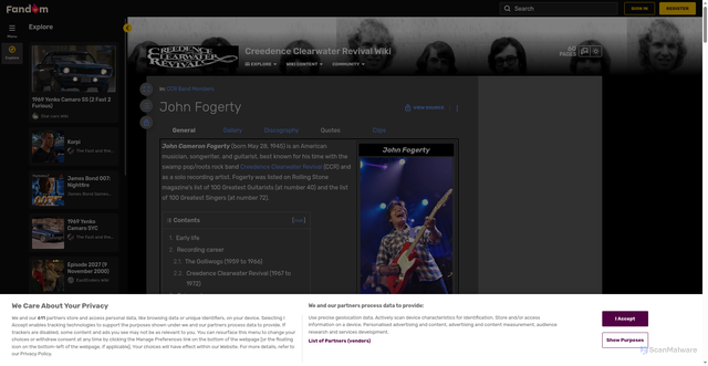 Security scan screenshot of https://creedenceclearwaterrevival.fandom.com/wiki/John_Fogerty