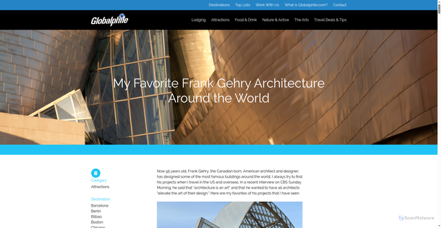 Security scan screenshot of https://globalphile.com/my-favorite-frank-gehry-architecture-around-the-world/