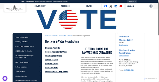 Security scan screenshot of https://centrecountypa.gov/238/Elections-Voter-Registration