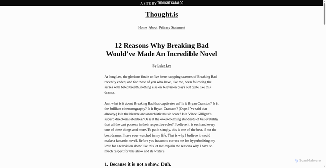 Security scan screenshot of https://thought.is/12-reasons-why-breaking-bad-wouldve-made-an-incredible-novel/