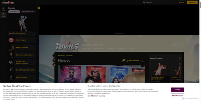 Security scan screenshot of https://marvelrivals.fandom.com/wiki/Heroes