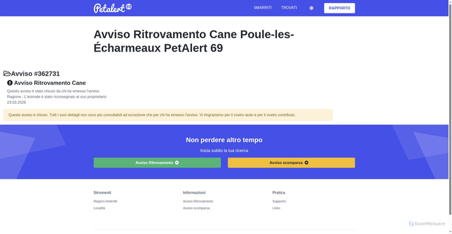 Security scan screenshot of https://m.pet-alert-69.fr/it/avviso-ritrovamento/362731-cane-trovato-francia-rhone-poulelesecharmeaux