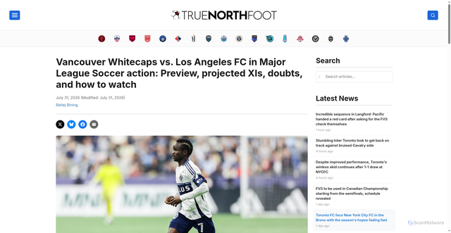 Security scan screenshot of https://truenorthfoot.ca/article/vancouver-whitecaps-vs-los-angeles-fc-in-major-league-soccer-action-preview-projected-xis-doubts-and-how-to-watch-743