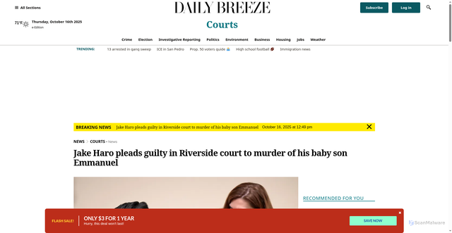 Security scan screenshot of https://www.dailybreeze.com/2025/10/16/jake-haro-pleads-guilty-in-riverside-court-for-murder-of-his-baby-son-emmanuel/