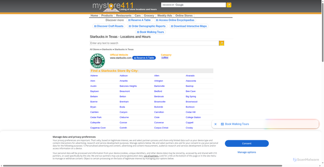 Security scan screenshot of https://mystore411.com/store/list_state/15/Texas/Starbucks-store-locations