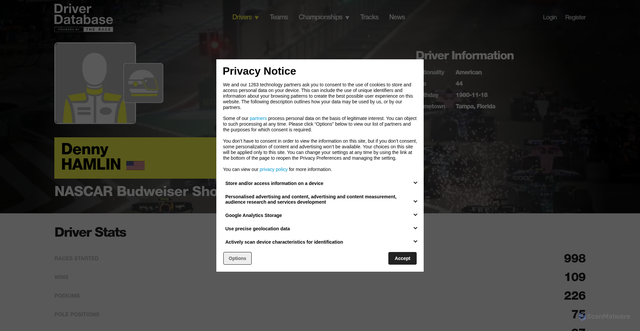 Security scan screenshot of https://www.driverdb.com/drivers/denny-hamlin