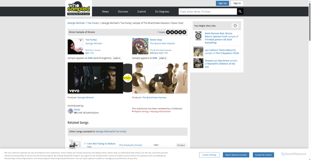 Security scan screenshot of https://www.whosampled.com/sample/33386/George-Michael-Too-Funky-The-Brand-New-Heavies-Never-Stop/