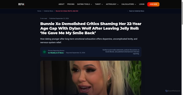 Security scan screenshot of https://relationshipforhumans.com/news/bunnie-xo-dylan-wolf-age-gap-romance-jelly-roll-divorce/