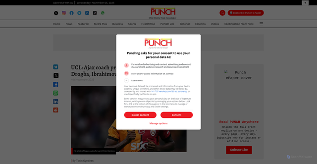 Security scan screenshot of https://punchng.com/ucl-ajax-coach-praises-osimhen-compares-him-to-drogba-ibrahimovic/