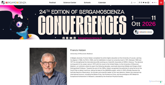 Security scan screenshot of https://www.bergamoscienza.it/en/festival-corrente/22nd-edition-bergamoscienza-2024/speakers-2024-Francis-Halzen-6a6223aa2c5ba304ca6a47c2