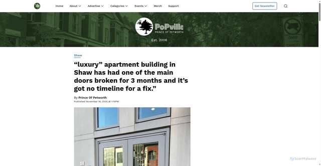 Security scan screenshot of https://www.popville.com/2025/11/luxury-apartment-building-in-shaw-has-had-one-of-the-main-doors-broken-for-3-months-and-its-got-no-timeline-for-a-fix/