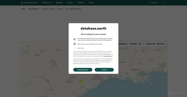 Security scan screenshot of https://database.earth/earthquakes/united-states/texas/fort-bend-county