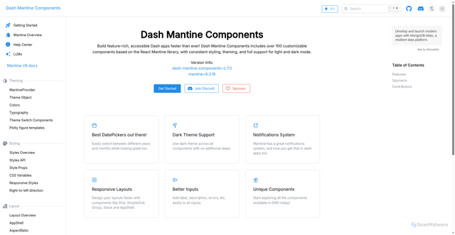Security scan screenshot of https://dash-mantine-components.com