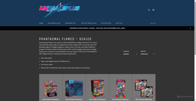Security scan screenshot of https://mhdealsplus.com/collections/phantasmal-flames/sealed