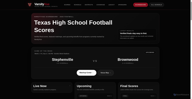 Security scan screenshot of https://varsityvue.com/scoreboard