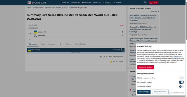 Security scan screenshot of https://sportscafe.in/football/live/international/world-cup-u20/ukraine-u20-vs-spain-u20-3213918