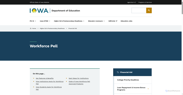 Security scan screenshot of https://educate.iowa.gov/higher-ed/financial-aid/workforce-pell