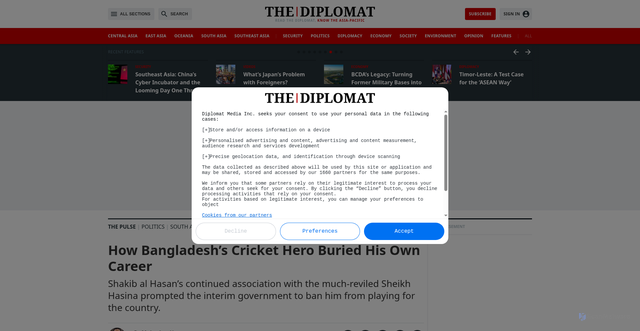 Security scan screenshot of https://thediplomat.com/2025/10/how-bangladeshs-cricket-hero-buried-his-own-career/