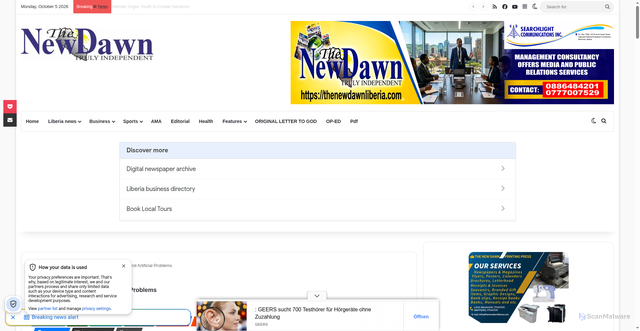 Security scan screenshot of https://www.thenewdawnliberia.com/artificial-intelligence-and-artificial-problems/