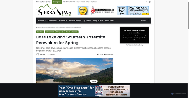 Security scan screenshot of https://sierranewsonline.com/bass-lake-and-southern-yosemite-reawaken-for-spring/