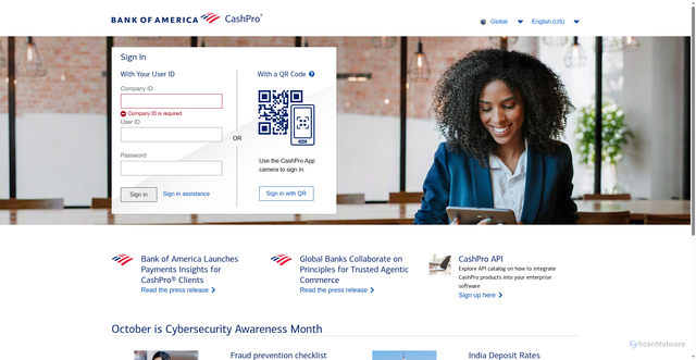 Security scan screenshot of https://achpp-cashpro.bankofamerica.com