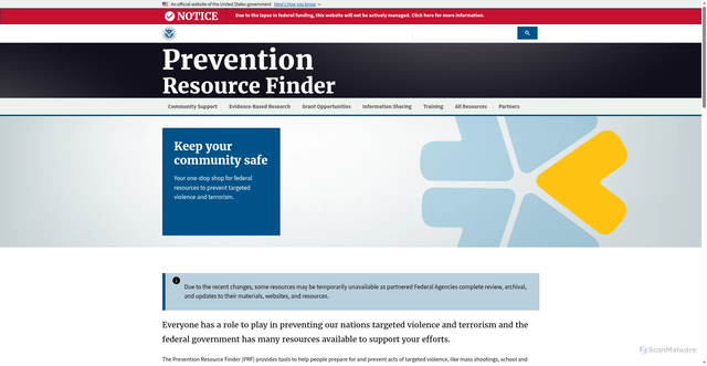 Security scan screenshot of https://preventionresourcefinder.gov/