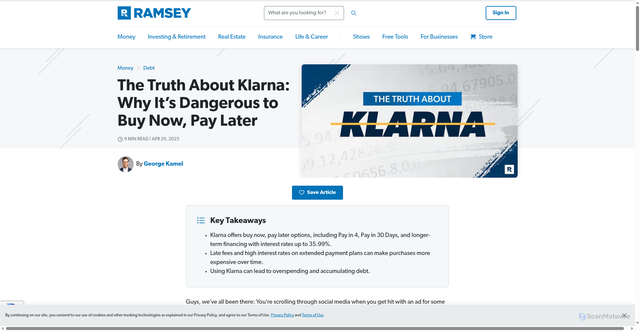 Security scan screenshot of https://www.ramseysolutions.com/debt/klarna?srsltid=AfmBOoocatUxF9L16HDma-DxtHWH86lzMLNQkkldDHyjbZLxGloZsL1t