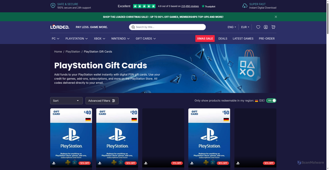 Security scan screenshot of https://www.loaded.com/playstation/gift-cards?srsltid=AfmBOor-d9QFYZMrhrA7cntBfjRNx8kVVMgnGOoJ3sr7Gzc32N8bar-K