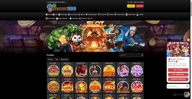 Security scan screenshot of https://noindek2-bansos188.xyz/desktop/game/slot/evoplay