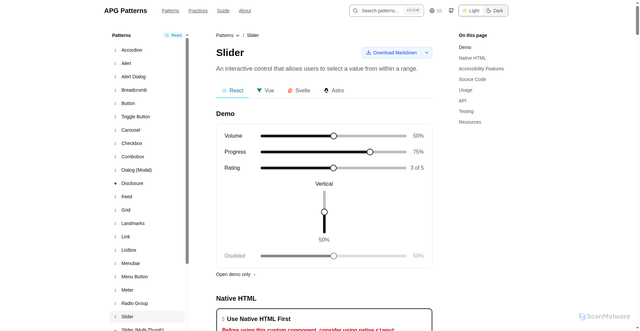 Security scan screenshot of https://apg-patterns-examples.pages.dev/patterns/slider/react/